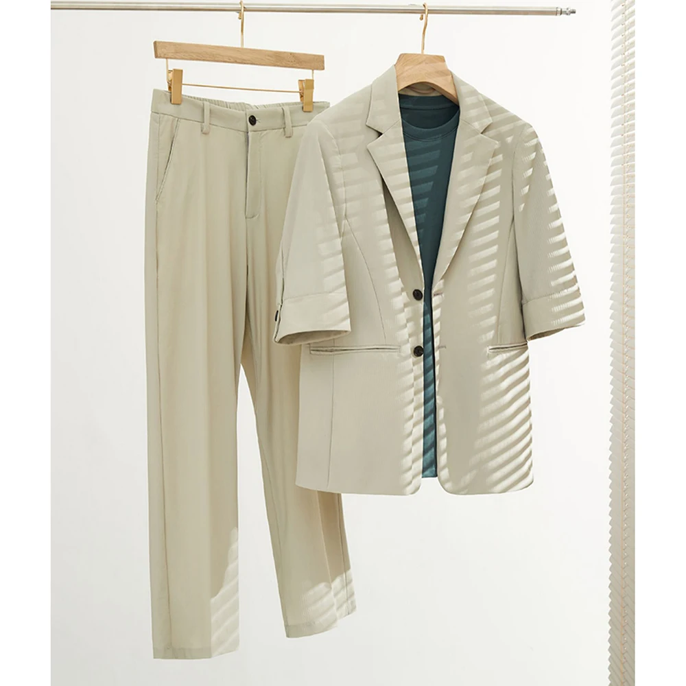 

Костюм мужской из 2 предметов, тонкая льняная одежда с коротким рукавом, деловой Повседневный свободный приталенный брючный костюм для пляжа и путешествий, лето