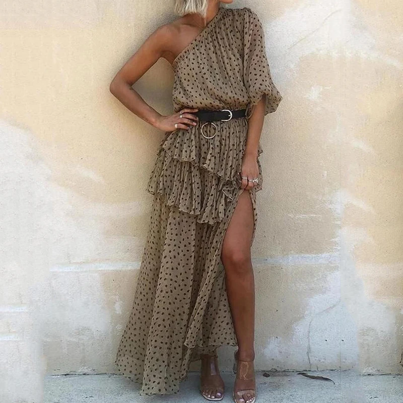 

High waist skirt polka dot temperament commuter oblique shoulder long chiffon dress