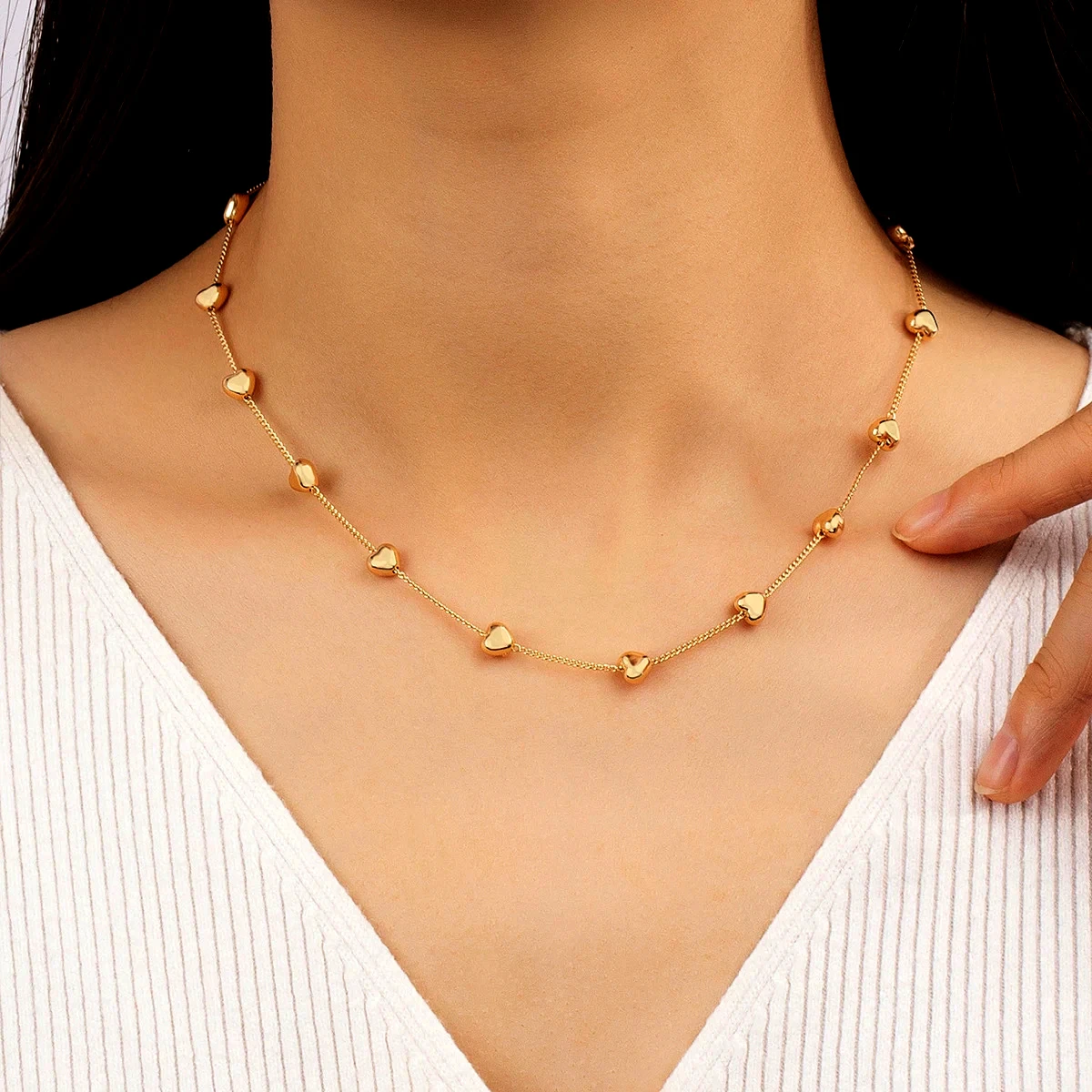 

Lacteo Gold Color Tiny Love Heart Beads Charm Necklace for Women Jewelry Simple Metal Thin Chain Choker Party Collar 2023 Trendy