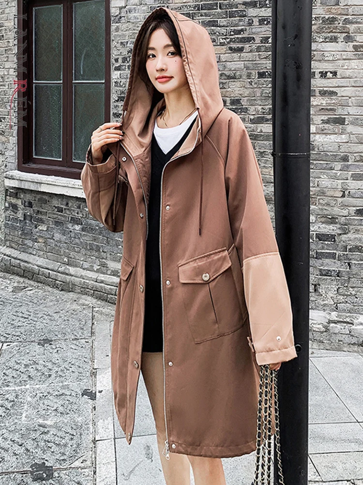 

LANMREM Vintage Hooded Mid Length Windbreaker Women Pockets Contrast Color Sleeves Loose Fit Trench 2023 Autumn New 2AA2321