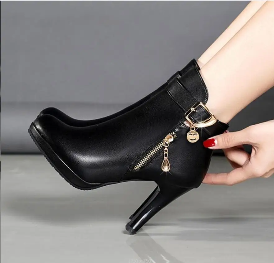Women Boots Short High Heels Shoes For Women Autumn Winter PU leather Stiletto heel ankle Ankle Boots Black Women Heels Boots