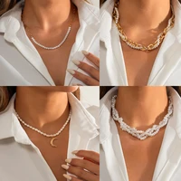 elegant winding braided pearl moon pendant necklace stitching metal chain clavicle chain ladies fashion stacking necklace jewelr