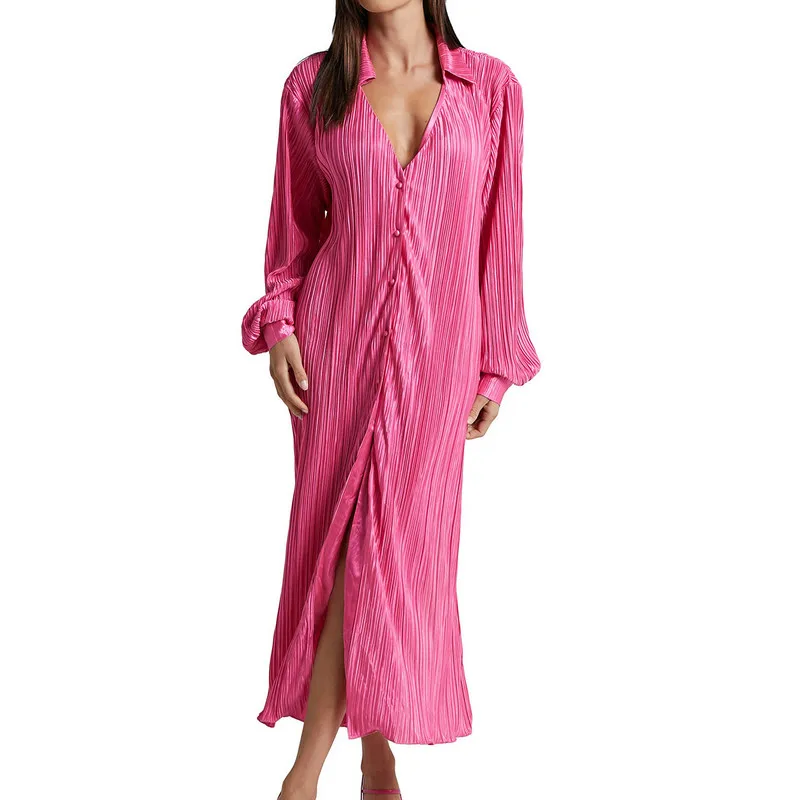 

Women Button Shirt Long Dress Evening Party Autumn Clothes Long Sleeve V Neck Solid Color Pleated Tunic Dress y2k Streetwear