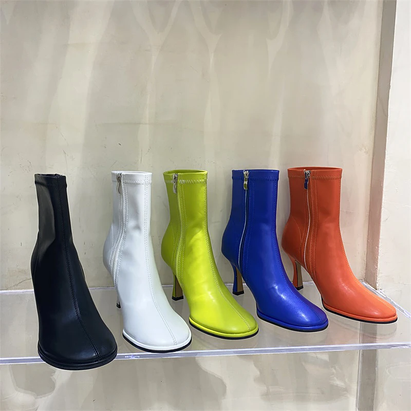 

Fashion Women Ankle Boots Round Toe Stretch Shoes Side Zipper Black/White/Green/Blue/Orange Laides Autumn Winter Boots Woman 39