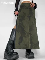 iamsure safari style camouflage big pockets split skirt casual streetwear mid waisted maxi skirts women 2022 autumn spring lady