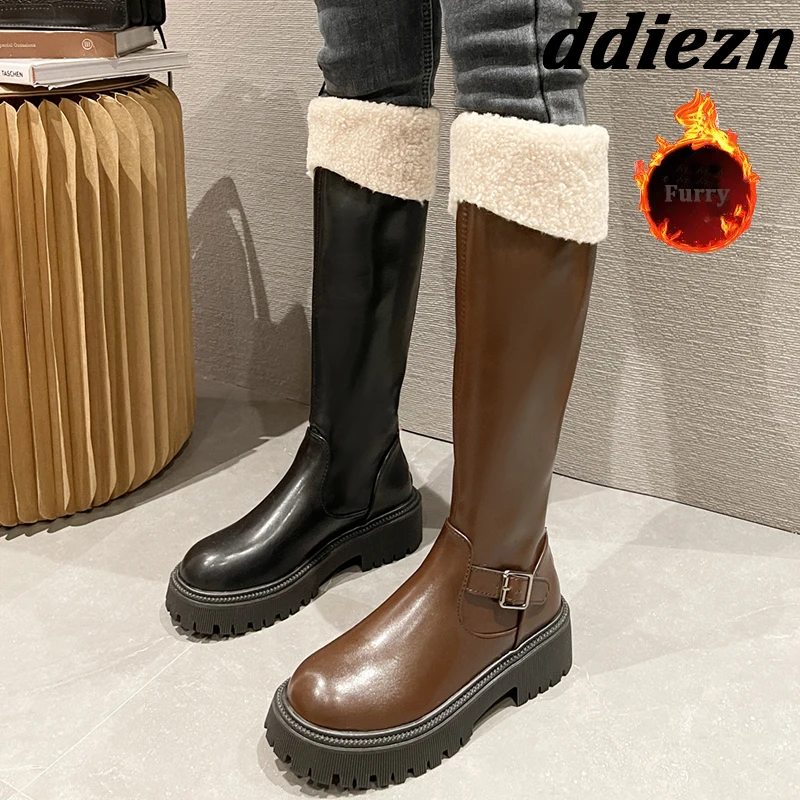 

Winter Plush Woman Modern Fur Boots 2023 New Fashion Ladies Knee High Boots Heel Shoes Buckle Female Casual Outdoor Booties
