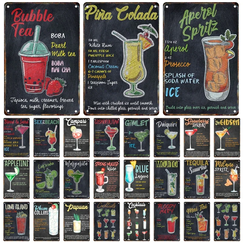 Винтажная металлическая вывеска для коктейлей Оловянная живопись постер bBillboard