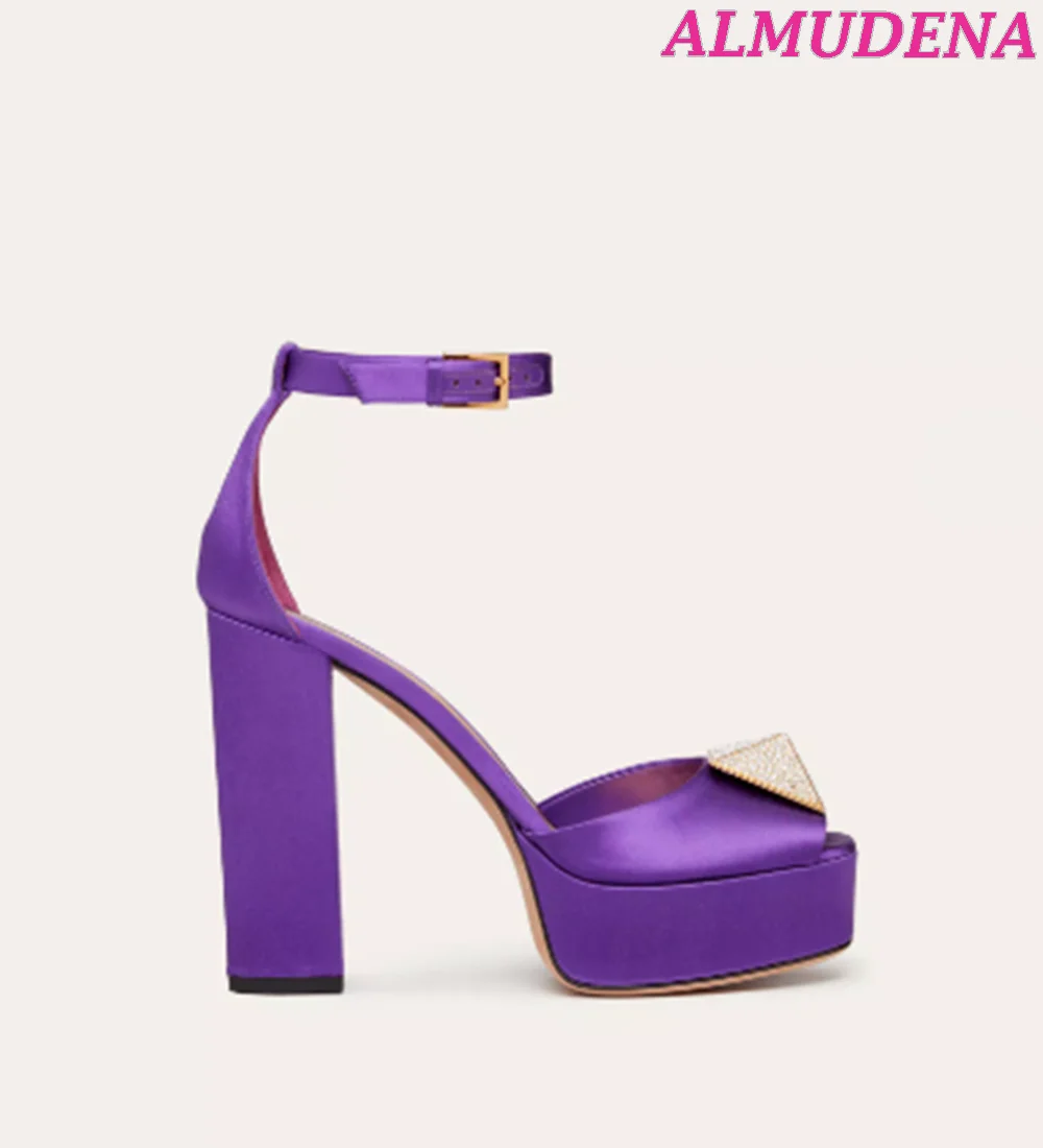 Crystal One Stud Open Toe Platform Pumps Women Patent Leather Chunky Heel Ankle Strap Sandals Satin High Heels Designer Shoes