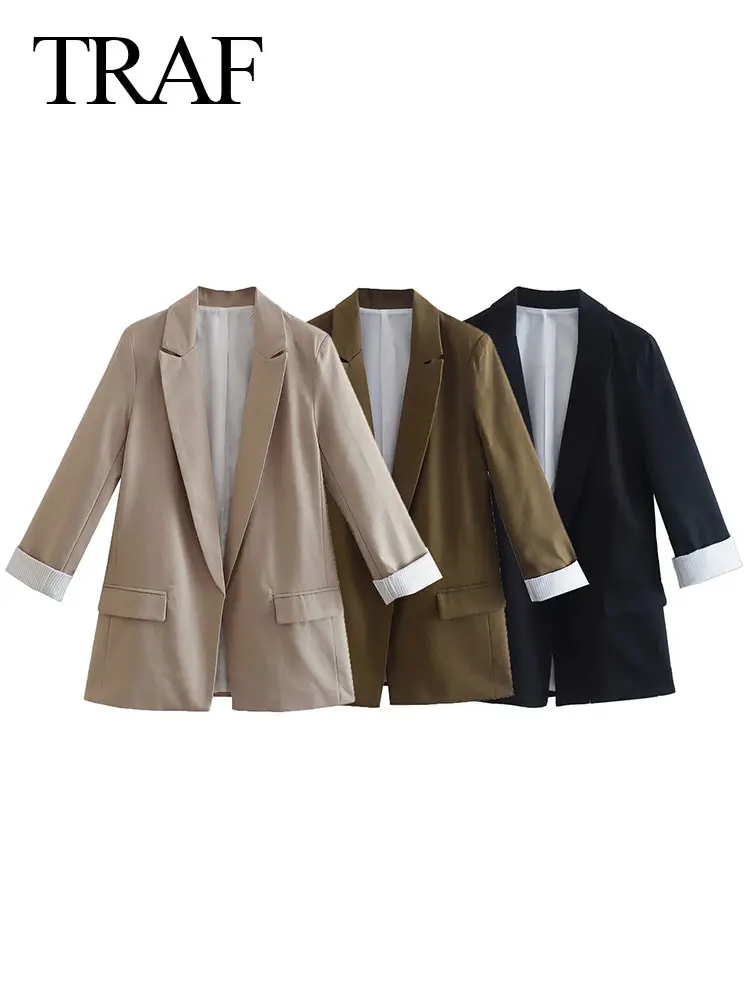 

TRAF Fashion Solid Color Casual Simple Suit Jacket Long Sleeve Cuff Curling Cardigan Blazer Notch Collar Commuter Daily Wear
