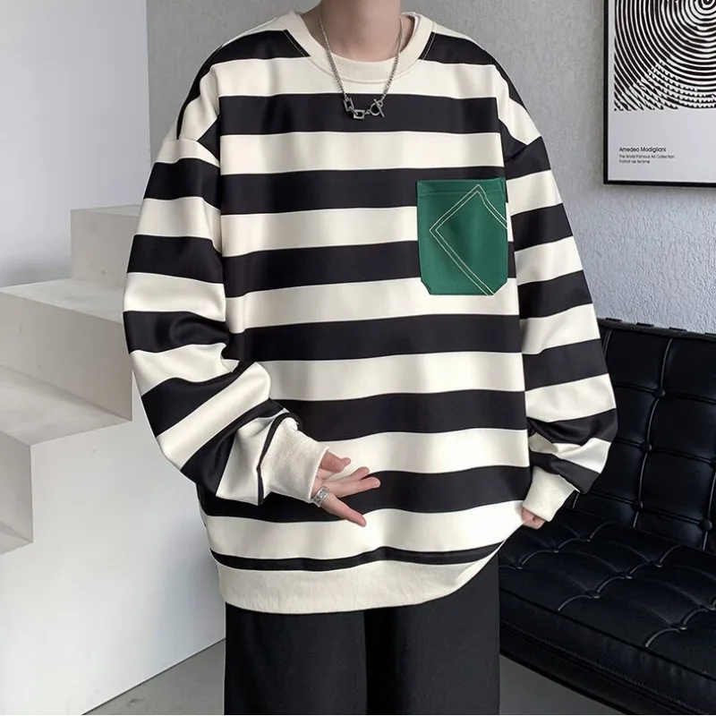 

Новинка 2023, стильный полосатый пуловер в стиле хип-хоп, уличная одежда, повседневный Топ с длинным рукавом, весенний Мужской Топ оверсайз в Корейском стиле Харадзюку