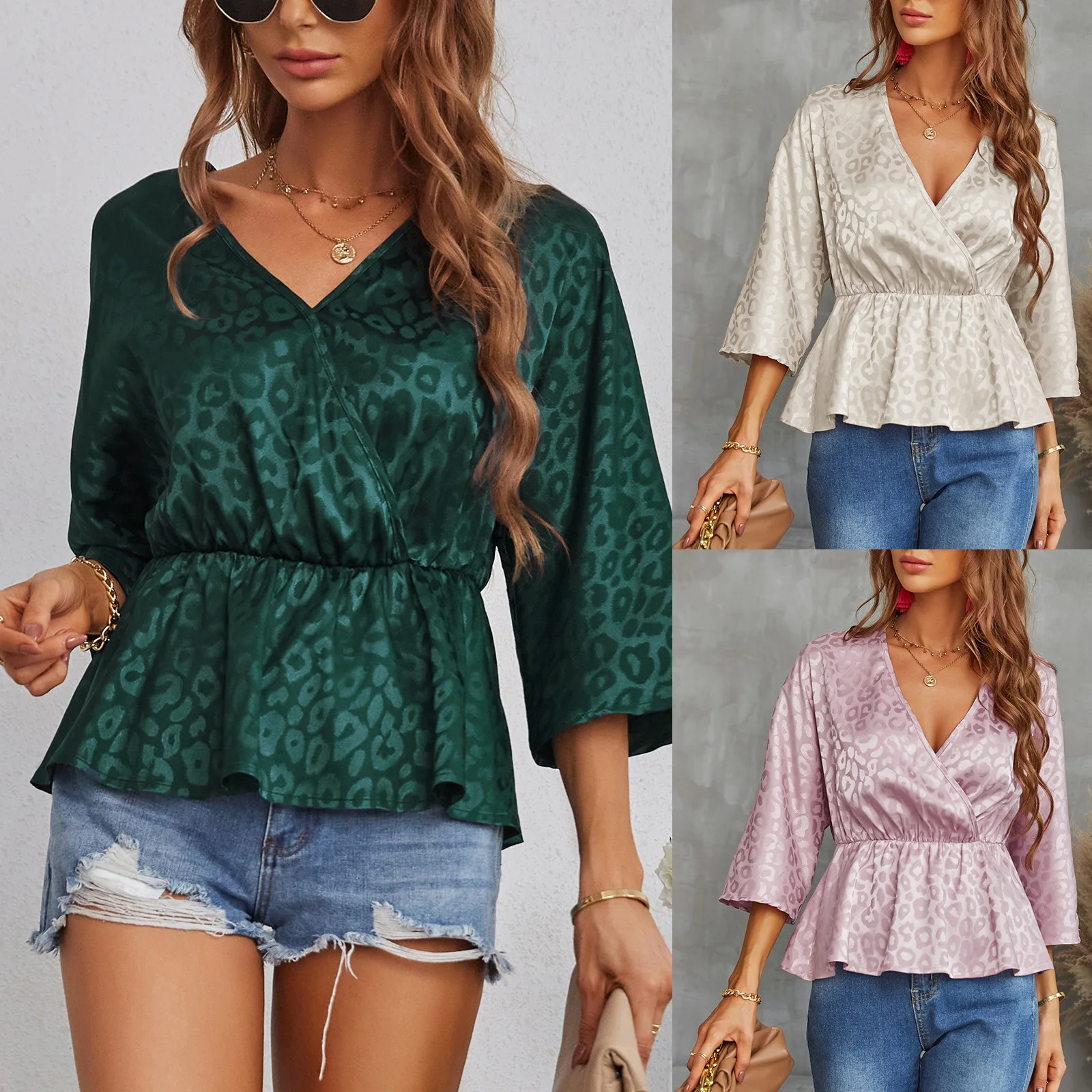 

2022 spring and summer new Pullover Chiffon Top European and American women's V-neck slim fit T-shirt Shirt girl