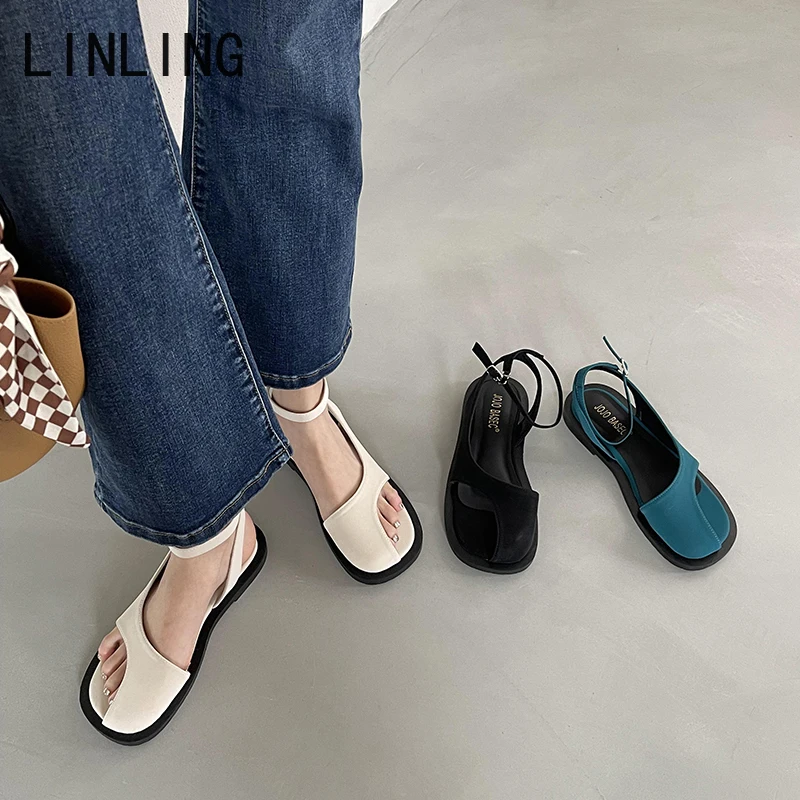 

2022 Summer New Cover Heel Women Sandal Fashion Flats Heel Ladies Elegant Sandalias Casual Ankle Strap Shoes