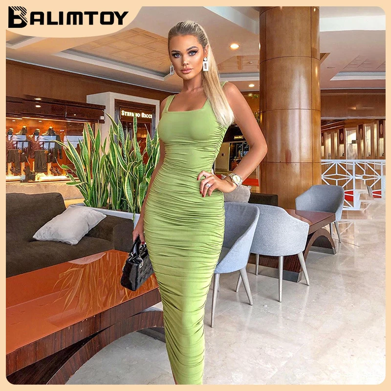 

2022 Fall Clothes New Ruched Women Club Midi Shirt Dress Bodycon Sexy Sleeveless Elegant Pparty Backless Streetwear