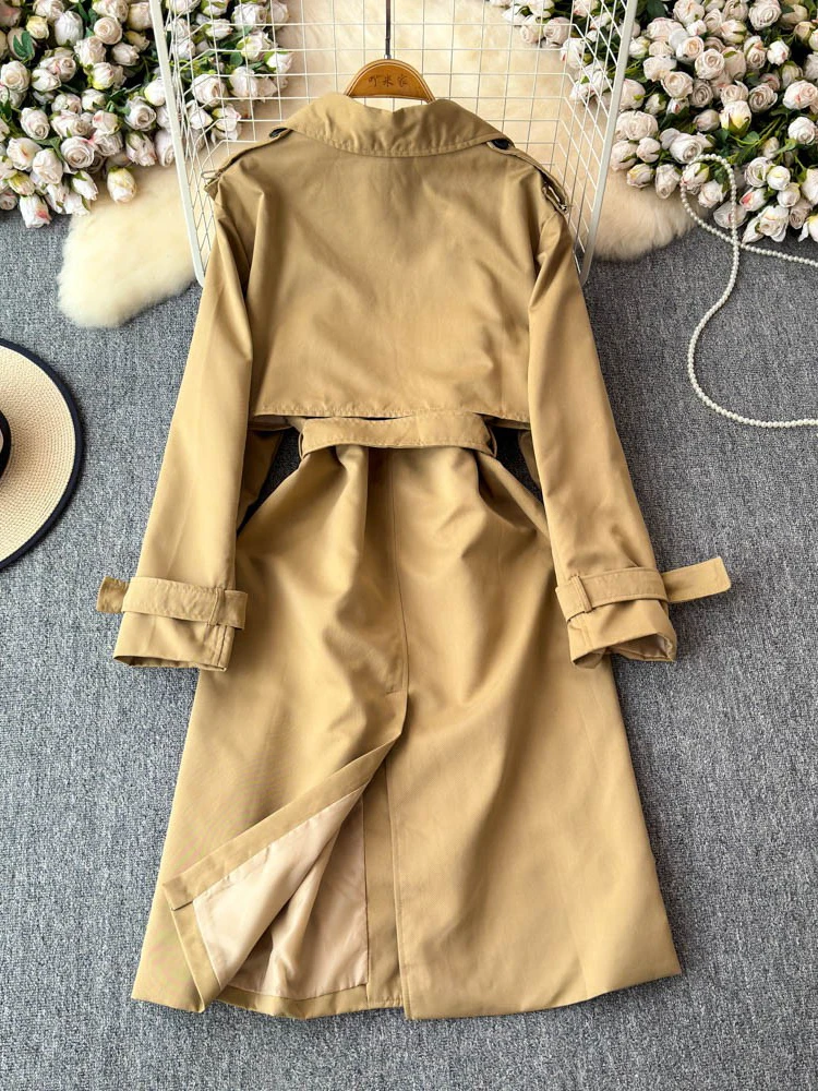 EWQ корейский стиль женский двубортный плащ с лацканами однотонное пальто средней