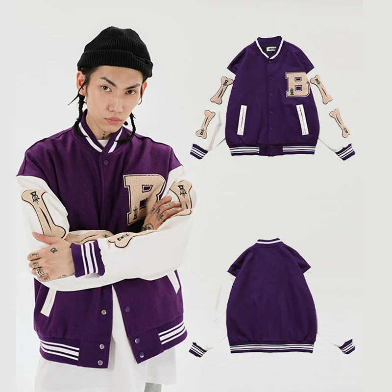 

Mens Hip Hop Baseball Jacket Coats Embroidery Furry Bone Letter Patchwork Harajuku College Varsity Bomber Jackets Coat Oversize