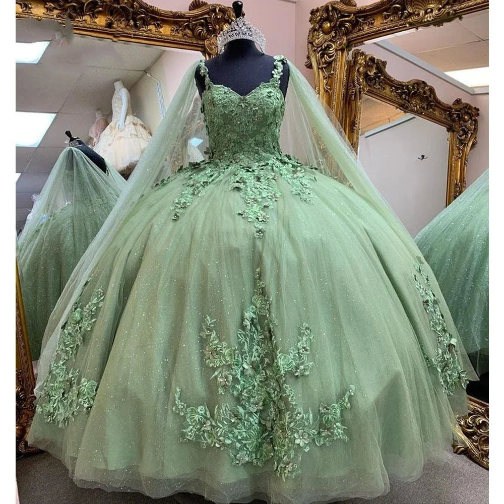

Sage Green Ball Gown Quinceanera Dresses 3D Handmade Lace Appliques With Cape Crystal Sweet 15 Vestidos De XV Años
