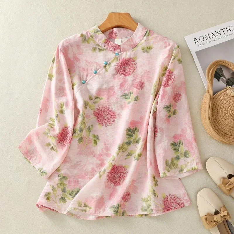 Женские хлопковые блузки в китайском стиле из конопли летние женские рубашки