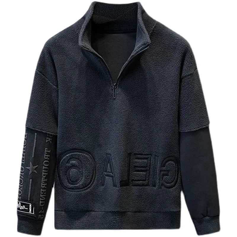 

Men`s autumn winter loose fleece jacket mens casual wool liner Stand collar Cashmere cotton hoodies zipper coat
