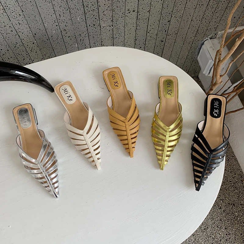 

Pointed Toe Women Slippers 2022 New Arrivals Summer Casual Outside Slides Hollow Party Pumps Elegant Flip Flops Black Silver