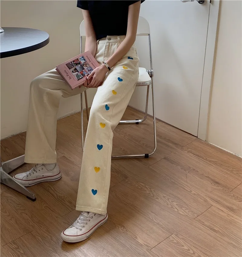 

Women's High Waist Love Embroidery Pattern Jeans Y2k Spring 2021 New Tube Loose Straight New Retro Wide Leg Pants Denim Retro