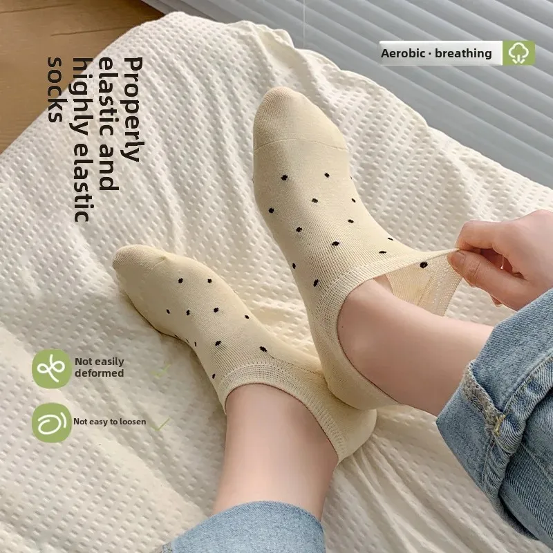 Women's Invisible Boat Socks Pure Cotton Summer Thin Style Cute Polka Dot Design Anti-Slip Anti-Odor Breathable Short