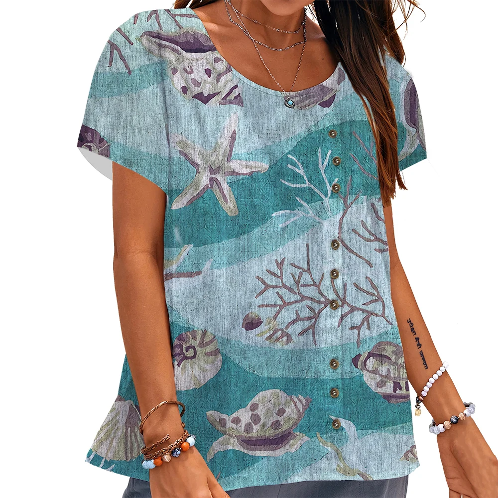 

Модная женская футболка CLOOCL с рисунком подводного мира, футболки с 3D принтом, украшенные пуговицами, свободные летние женские футболки с ко...