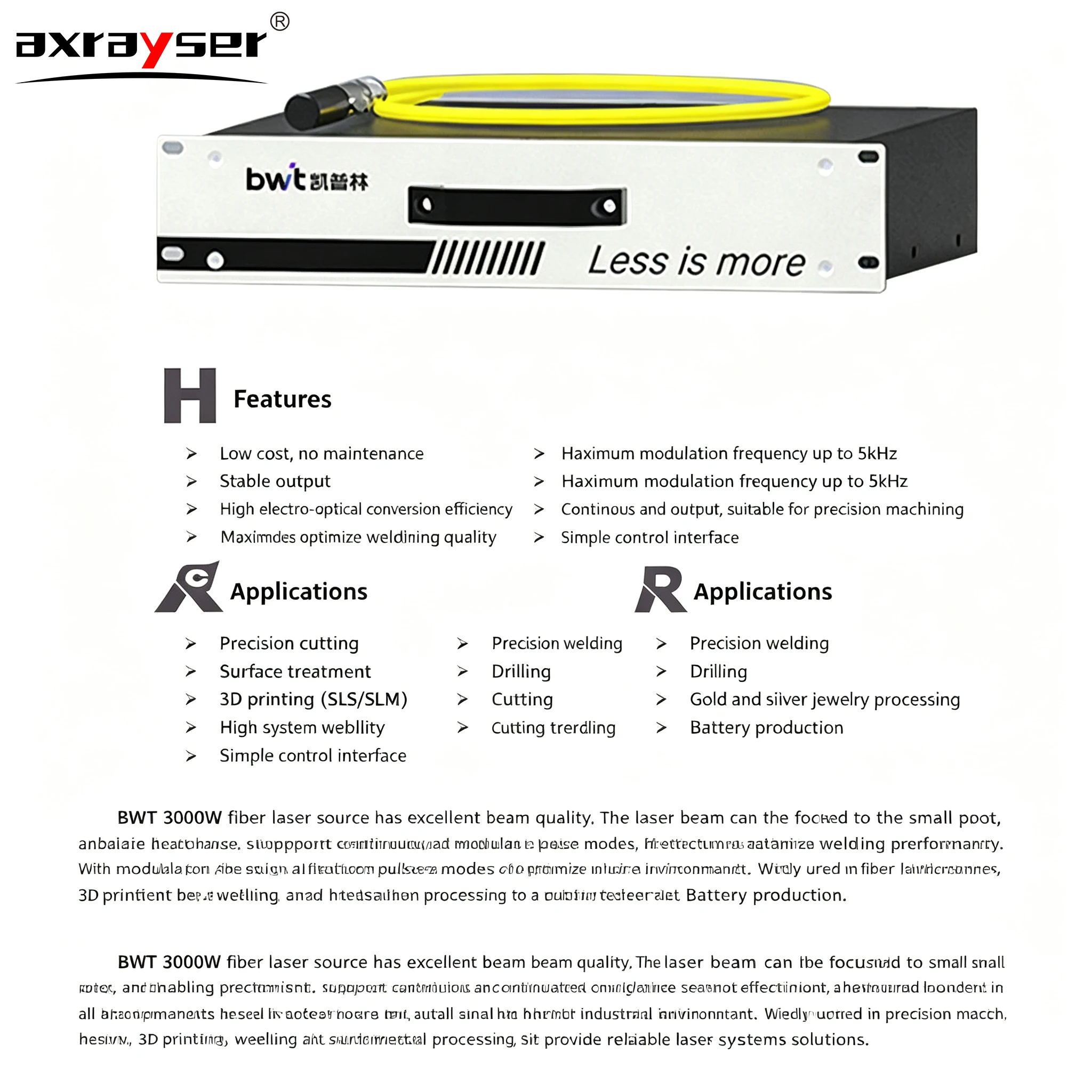 Фото Волоконный лазерный источник BWT BFL-CW1500/2000/3000: Мощный однорежимный генератор непрерывного действия для лазерной резки и сварки №4