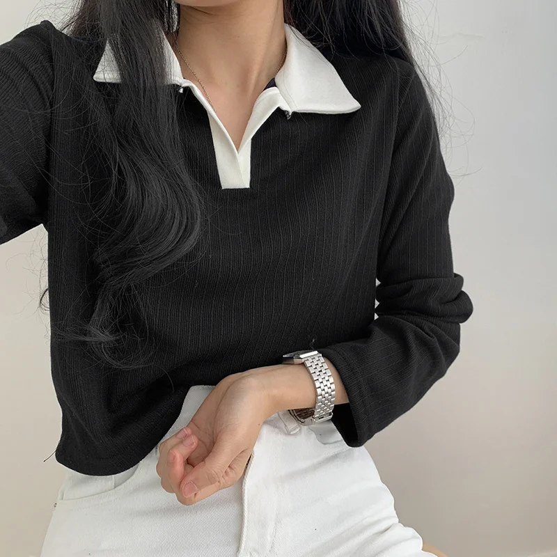 

Women's Polo Pullover Korean Sweet Simple Basic Loose Casual Polo Collar Top
