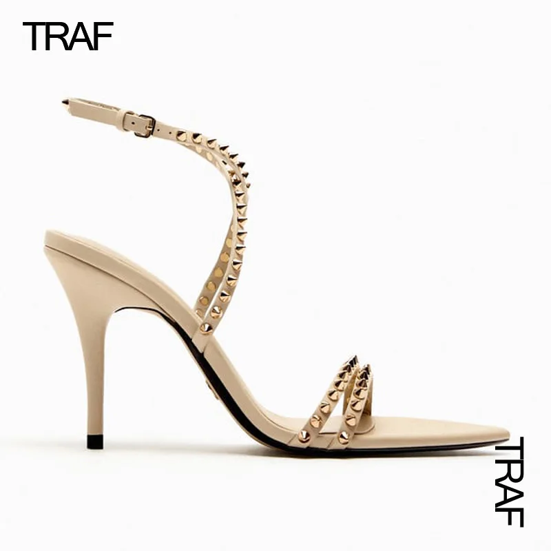 TRAF Women's Rivet Heeled Sandals Summer 2023 Woman Pumps Stiletto Rhinestone Slingback High Heels Sandals Pointed toe Sandals