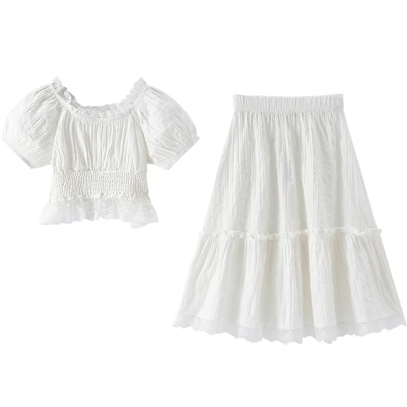 

2pcs Children Clothing Lace Suit Children's Sets Summer Ruffles Blouses Tops And Long Skirts Girls Short Sleeve Kids Clothes For