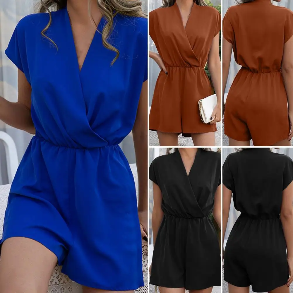 

Women Romper Solid Color Youthful Short Sleeves V Neck Loose Type Summer Playsuit Daily Clothes