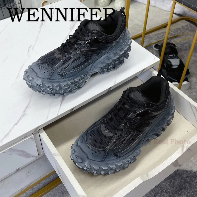 

Two Tone Split Sole Lace Up Trainers Round Toe Knit Leather Chunky Sock Boots Women Running Pull Tab Heel Ankle-length Sneakers