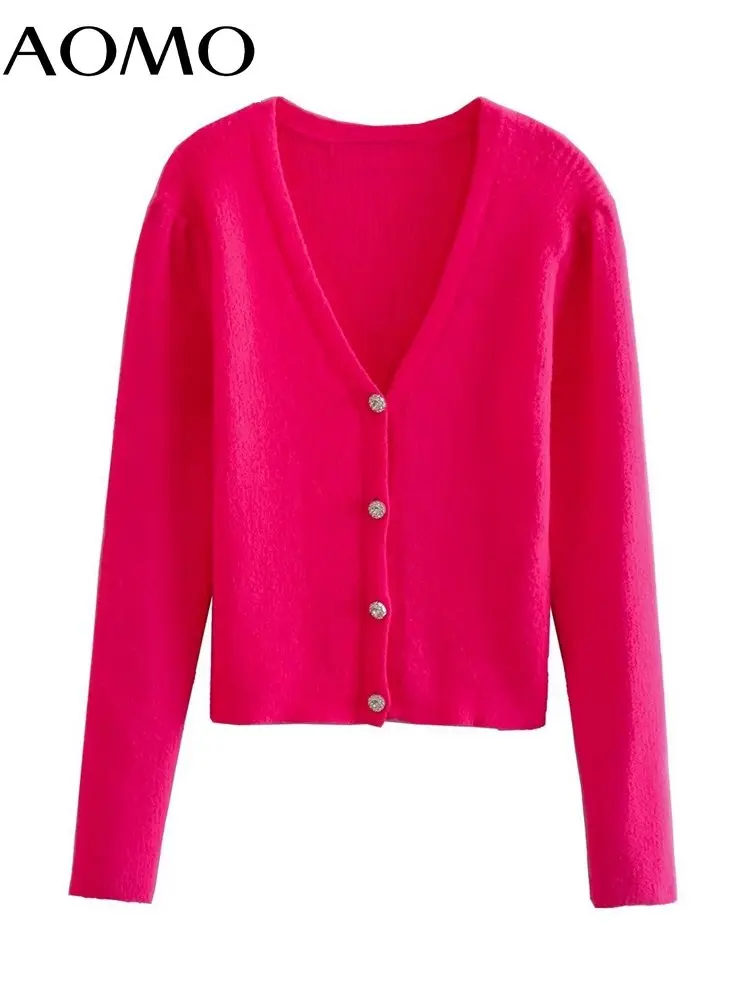 

AOMO Women Beading Buttons Crop Cardigan Vintage Jumper 2022 Female Knitted Cardigan 3N48A