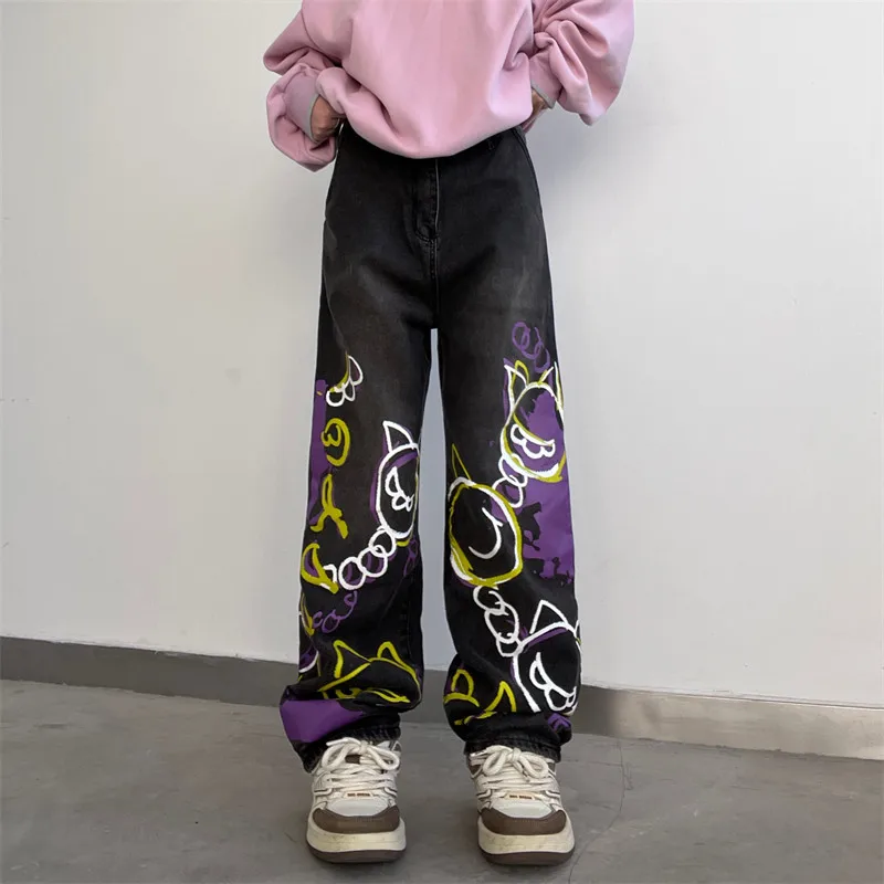 

Women's Jean High Waisted Streetwear Straight Jeans Baggy Boyfriend Wide Leg Denim Pants Hip Hop Cartoon Printing Denim Trouser