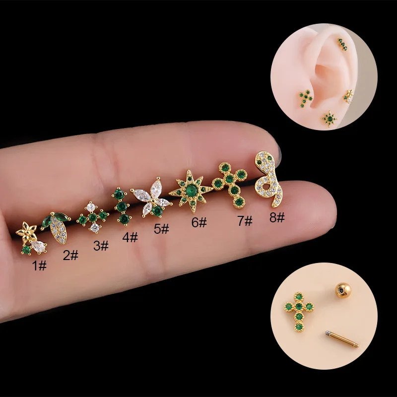 

1PC Green CZ Stud Earring for Women Earrings Fashion 20G Stainless Steel Butterfly Snake Cross Ear Studs Screw Piercing Jewelry