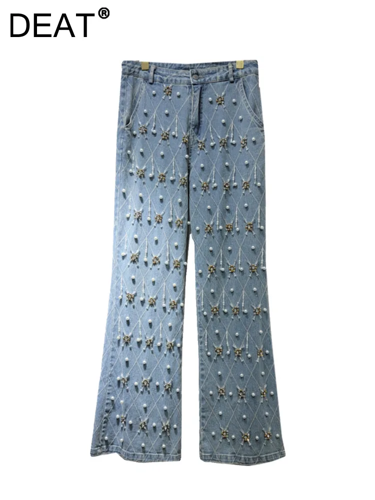 Женские джинсы с высокой талией DEAT прямые брюки из денима в клетку бусинами и
