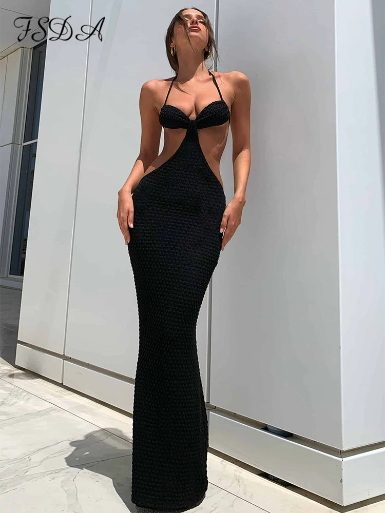FSDA Green Maxi Beach Women Dress Bodycon Halter Neck 2022 Y2K Sexy Hollow Out Summer Backless Party Dresses Club Sleeveless
