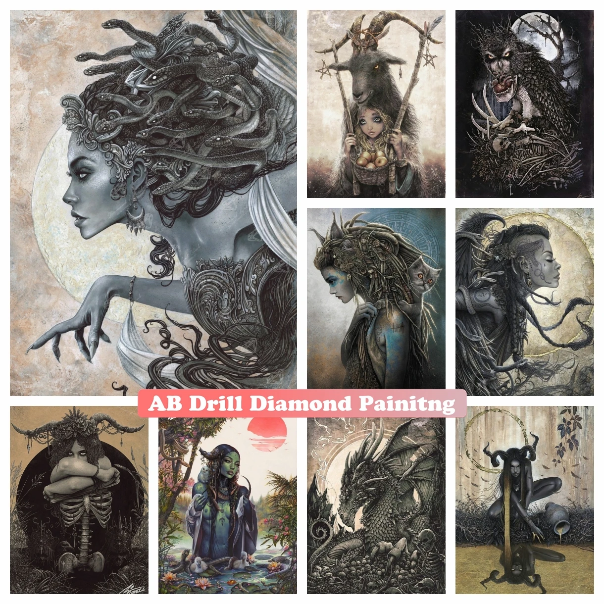 

Euryale Medusa 5D DIY AB Diamond Painting Devilish Spirit Full Diamond Mosaic Fantasy Dark Art Cross Stitch Kit Home Decor