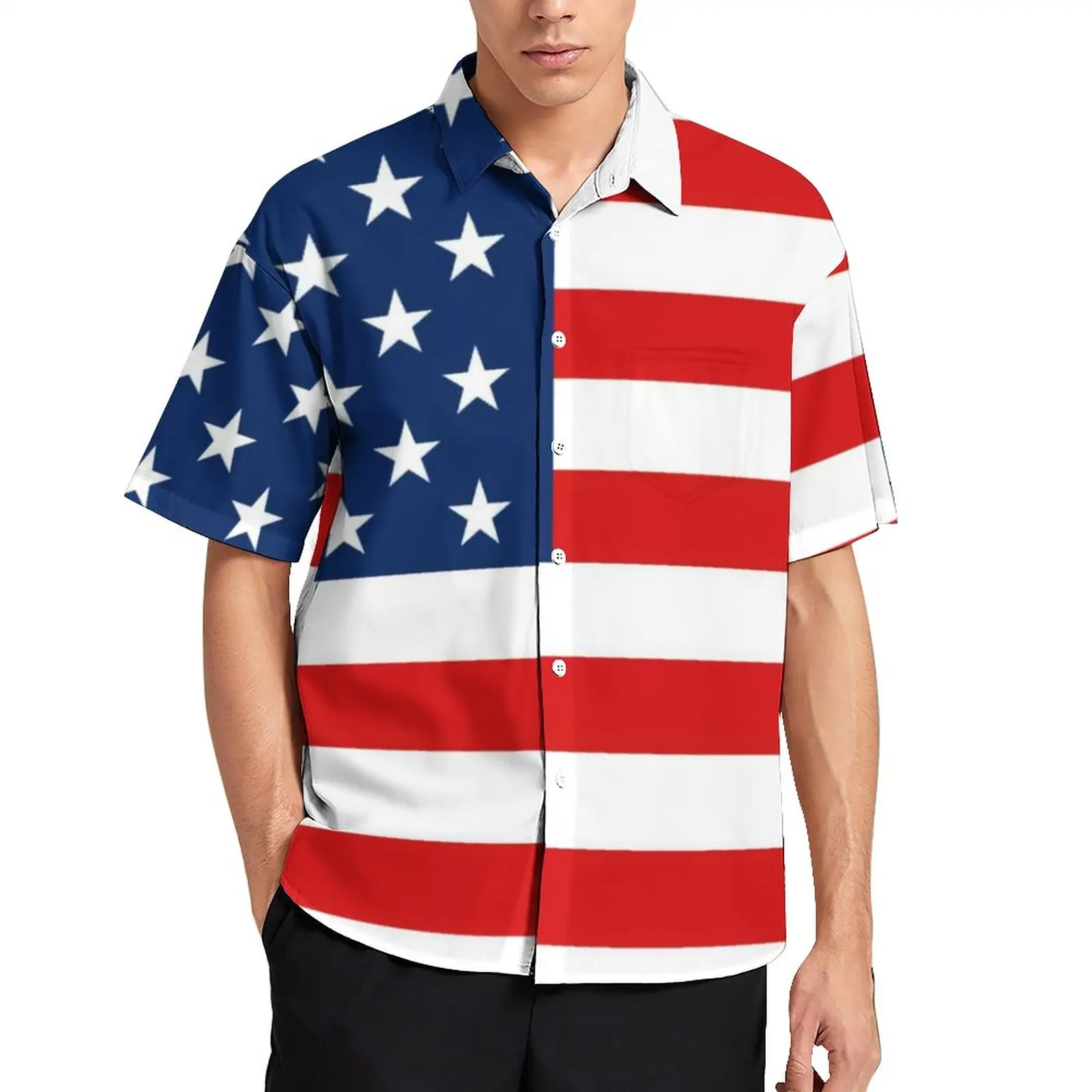 

American Flag Casual Shirts 4th of July Blue Red Stripe Vacation Shirt Hawaii Fashion Blouses Male Printed Big Size 3XL 4XL