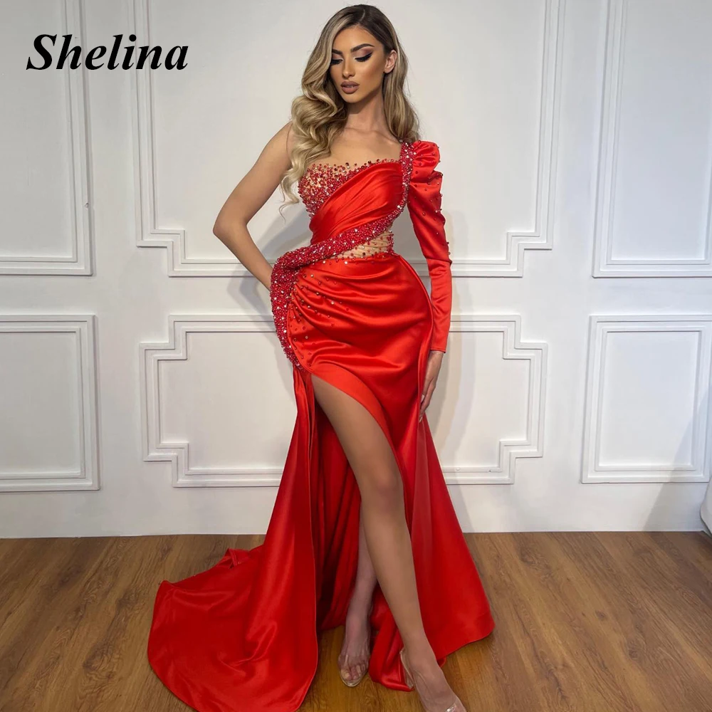 

Shelina Trendy Sequined Prom Dress Long Sleeve Crystal Pearls Split Mermaid Pleat Sweep Train Vestido De Noche Personalised
