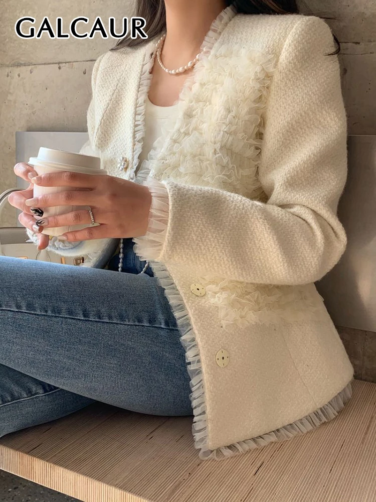 

GALCAUR Patchwork Folds Coats For Women V Neck Long Sleeve Single Breasted Casual Jacket Female Autumn Clothing Fashion 2022 New