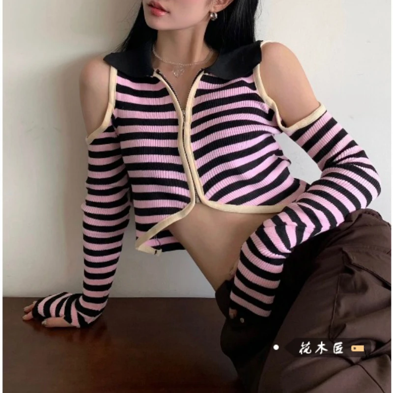 

Y2k футболка с открытыми плечами в полоску на молнии с длинными рукавами женские осенние новые шикарные Короткие топы 2022