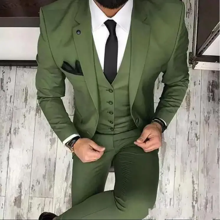 

Olive Green Mens Suits For Groom Tuxedos Notched Lapel Slim Fit Blazer Three Piece (Jacket+Pants+Vest) Man Tailor Made Clothing