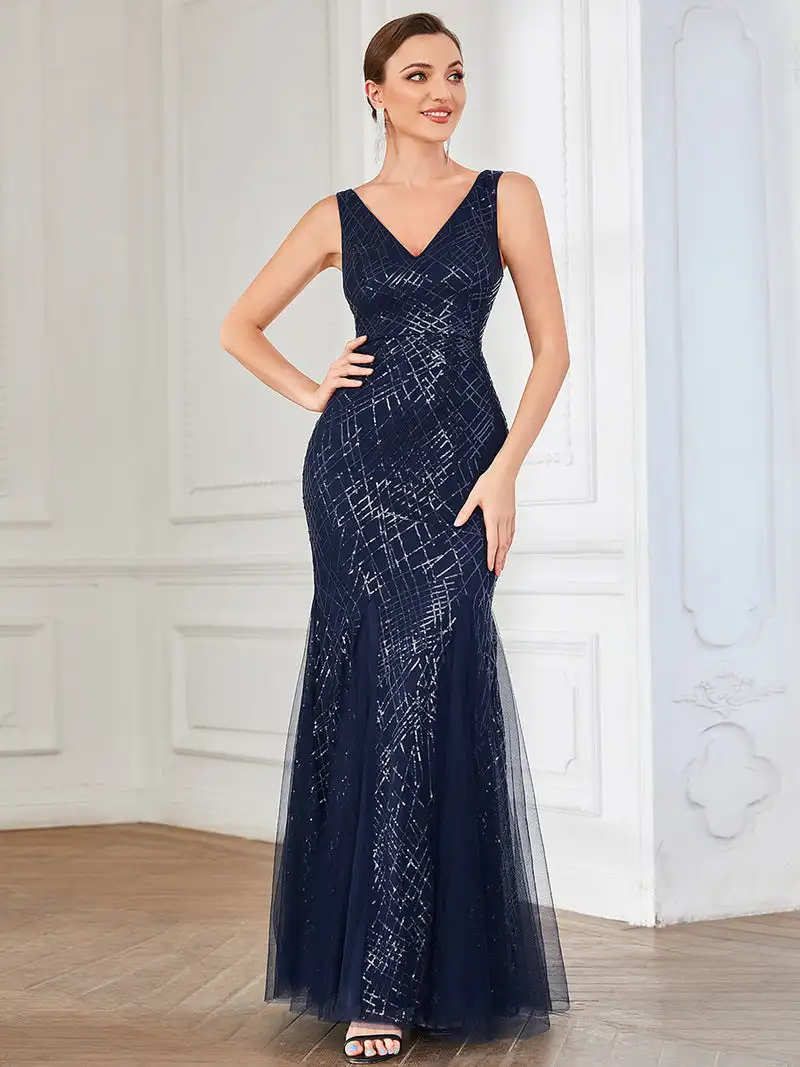 

Gorgeous Evening Dress Deep V Neck Sleeveless Hidden zipper Floor-Length Ever Pretty 2023 of Sexy Navy Blue Bridesmaid Dress
