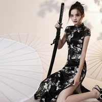 black cheongsam 2022 new improved chinese style young long style fashion qipao elegant dress female summer traditional clothes