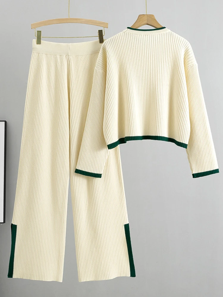 DEAT 2024 Осенний вязаный комплект из 2 предметов с круглым вырезом и длинными