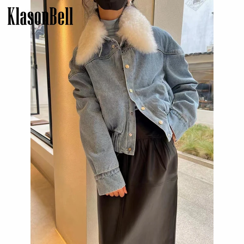 

11.22 KlasonBell Windproof Keep Warm Temperament Detachable Faux Fur Collar Faux Lamb Fur Lining Denim Coat Jacket Women