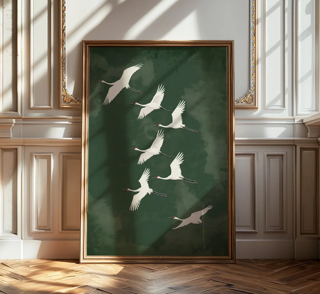 

Японский винтажный художественный принт на холсте с изображением журавлей и белой птицы