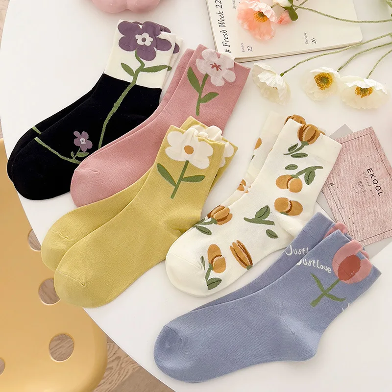 Women Flower Socks Japanese Style Cartoon Flower Candy Color Harajuku Kawaii Breathable Casual Socks