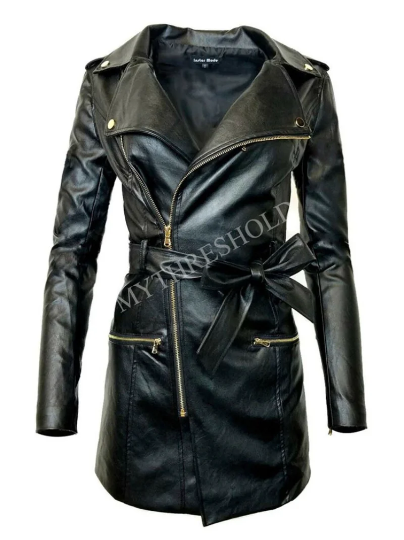 New Women Zip-up Long Jacket Belt Real Leather Trench Coats Leather Jacket